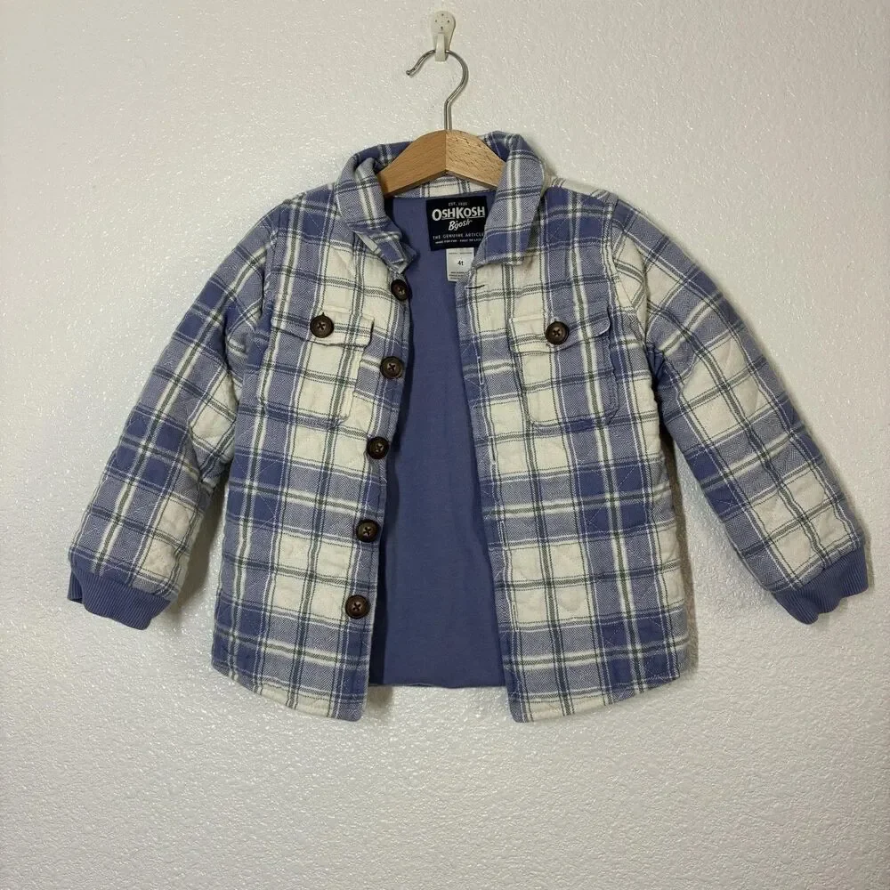 OshKosh B'gosh Shirt Jacket Boys 4T Blue Plaid Quilted Flannel Lined Pockets